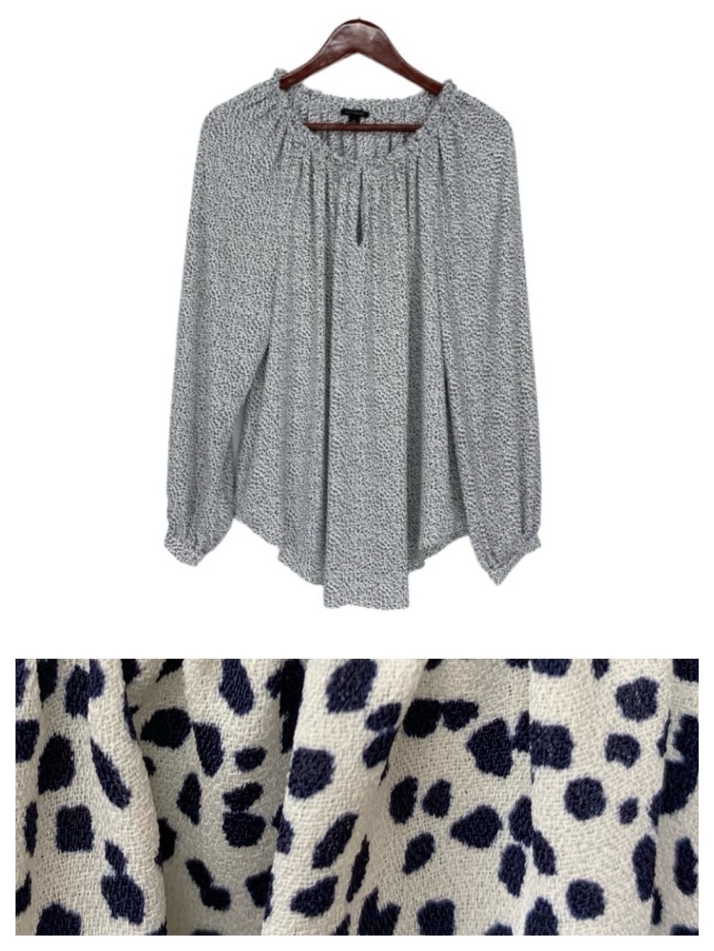 Ann Taylor Dark Navy Blue Abstract Dot White Long Sleeve Blouse Keyhole Front
